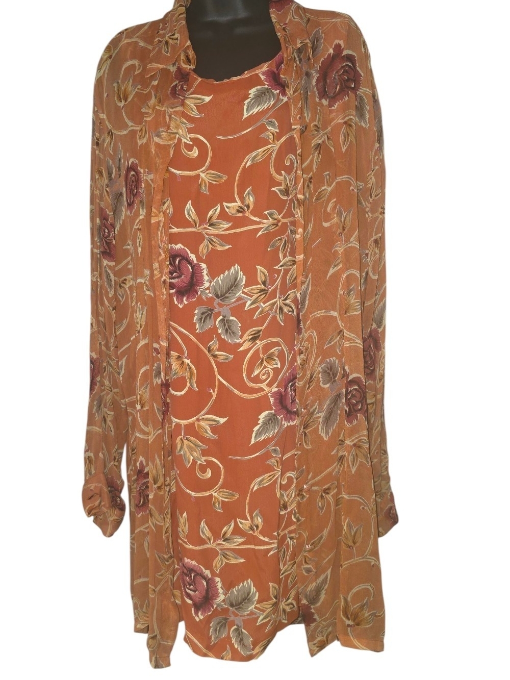 Vintage 90s Nash 2-Piece Dress & Duster Cardigan Set Floral Rust Large